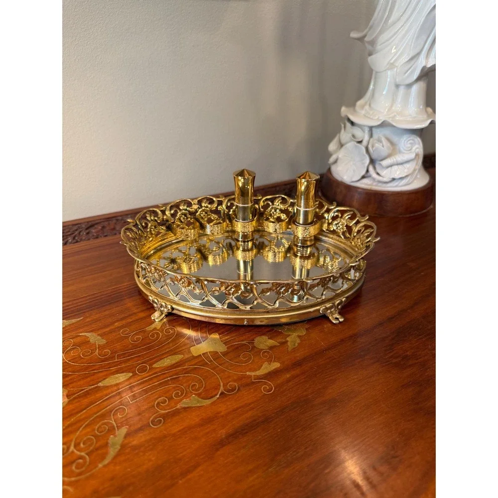 Vintage‎ Gold Ormolu Lipstick Holder - Mirrored Vanity Tray